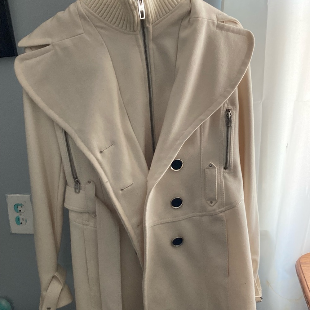 cream zip up/ button pea coat